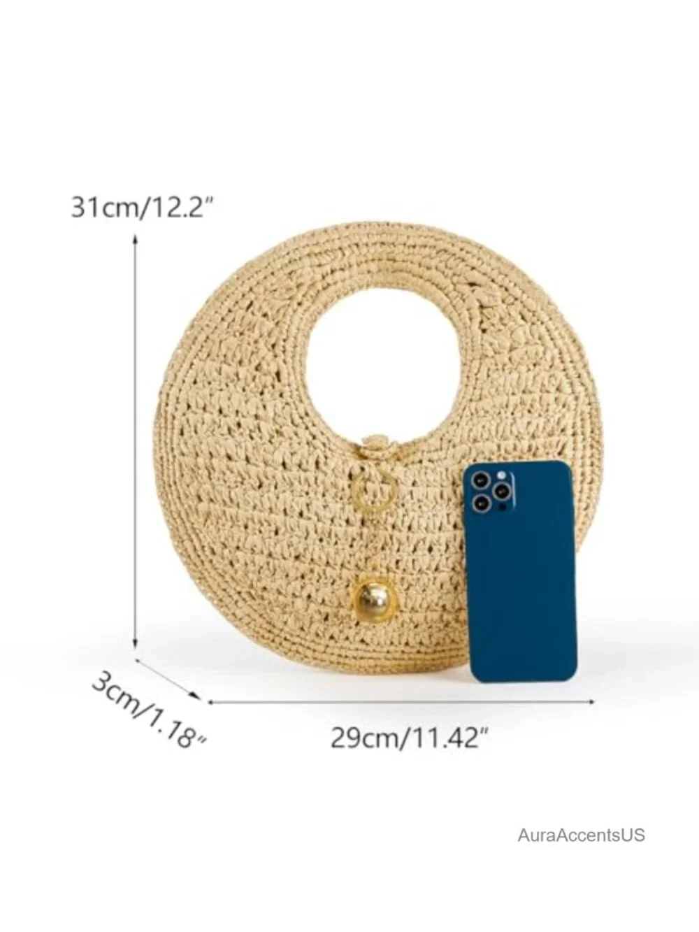 Handwoven Raffia Large Round Beach Tote, Boho Chic Straw Circle Bag